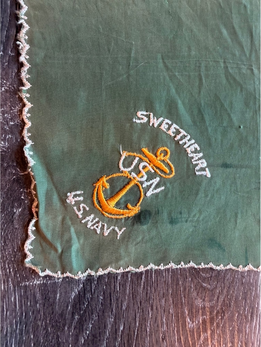 Vintage U.S. Navy Sweetheart Handkerchief Embroidered Anchor Green Military